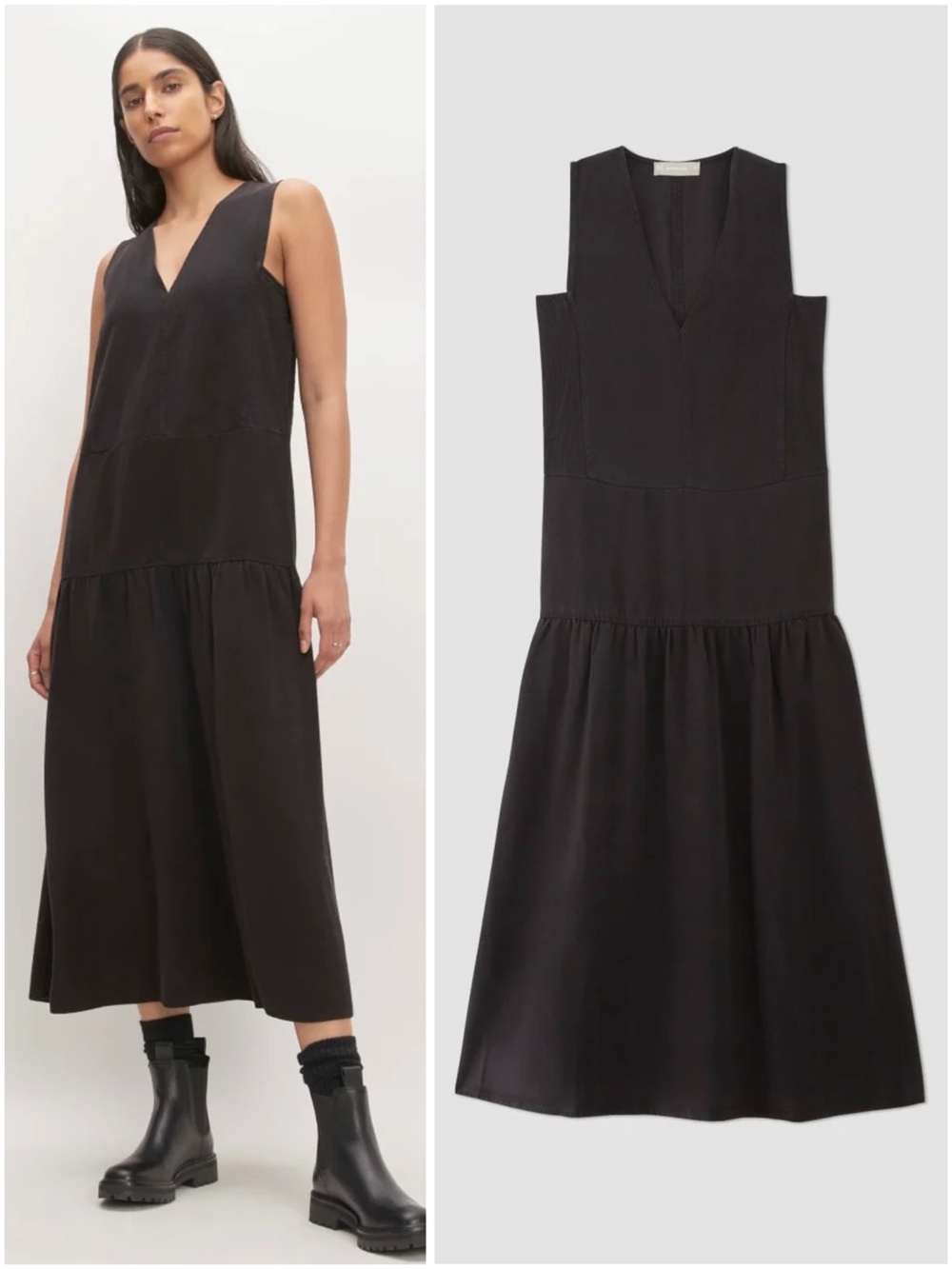 Everlane TENCEL V Neck Midi Dress Black Sleeveless Drop Waist Small NWT